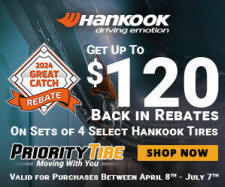 Hankook Tire Rebate @PriorityTire | Up to $120 BACK on sets of 4 select tires